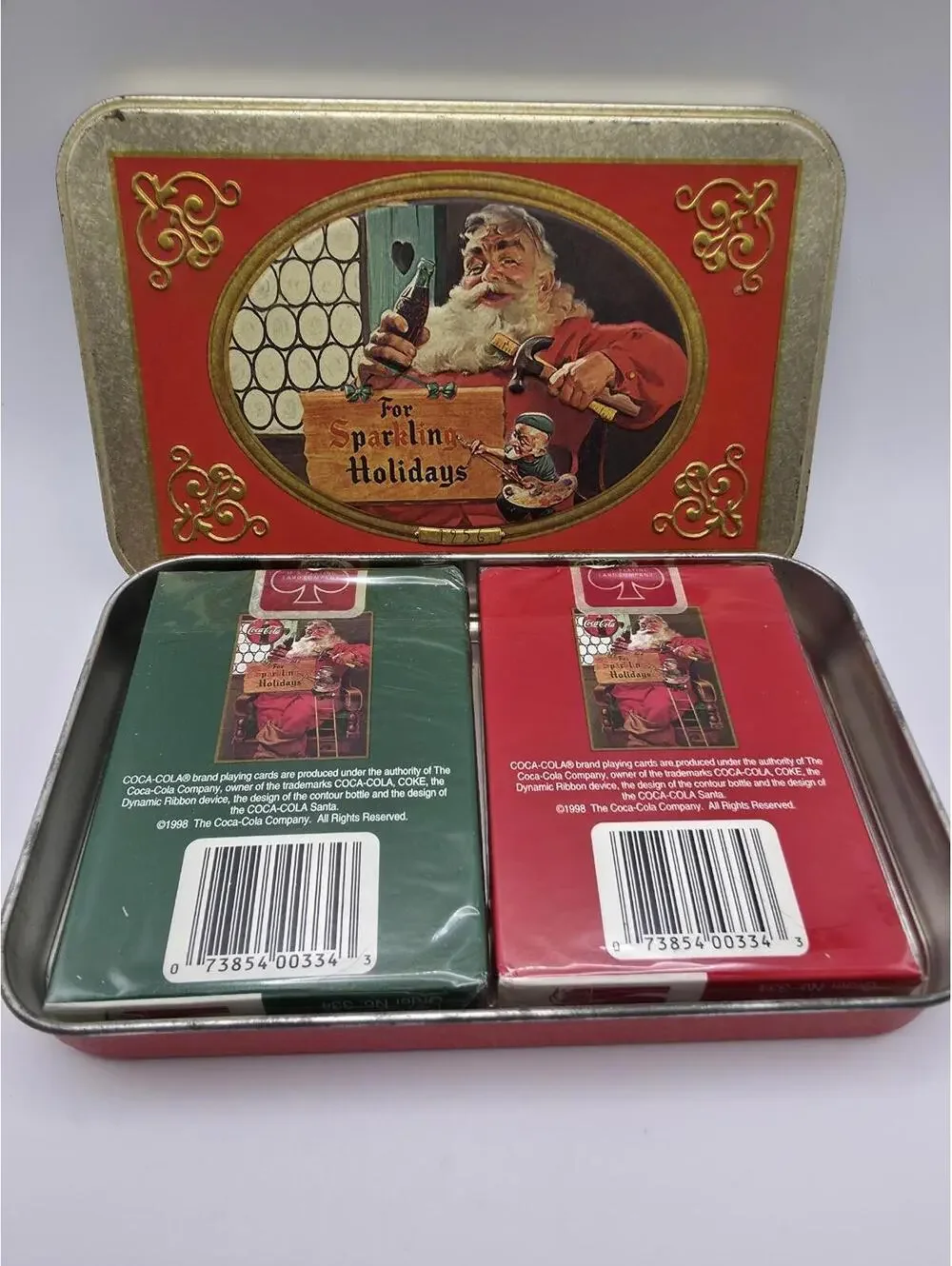 Coca-Cola Santa Claus Playing Cards Christmas Tin & 2 Sealed Card Decks Vintage